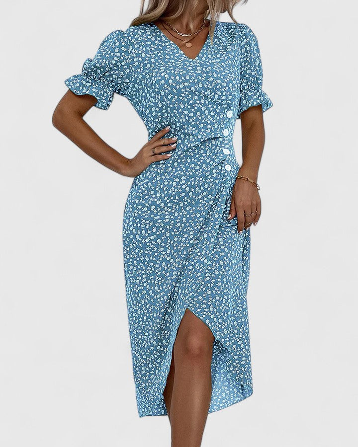 SOPHIA – FLORAL BUTTON WRAP DRESS