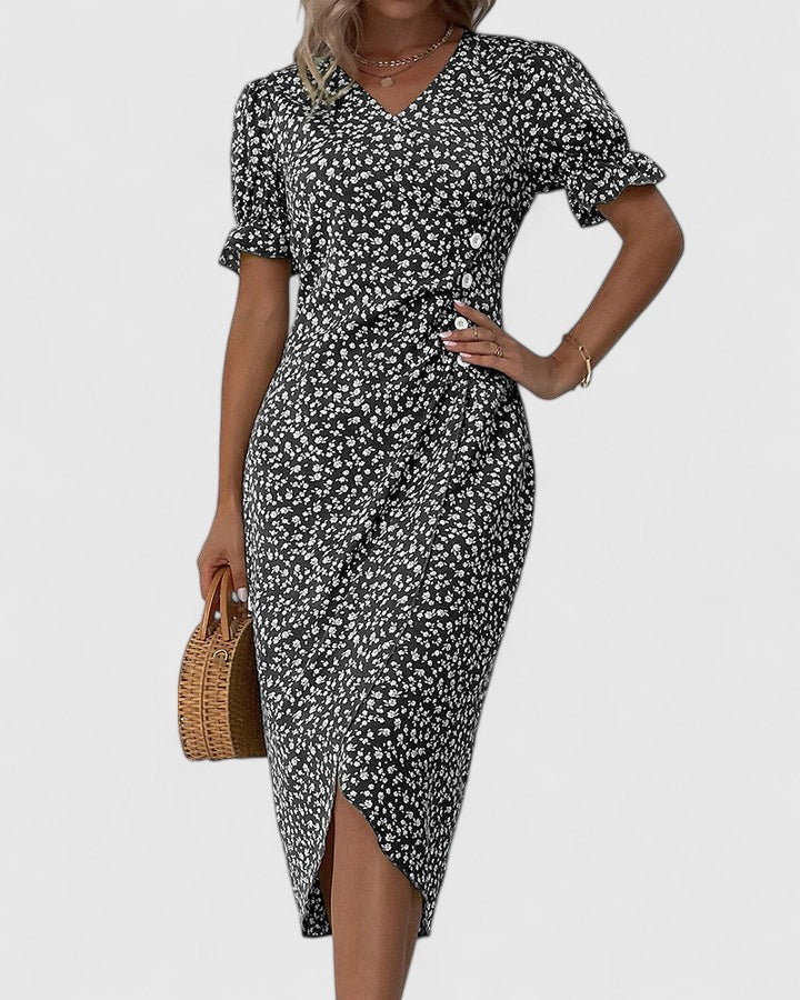 SOPHIA – FLORAL BUTTON WRAP DRESS