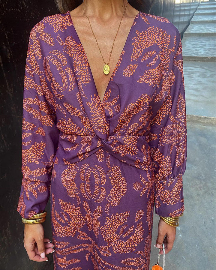 ARABELLA – PRINTED KNOT FRONT MIDI DRESS