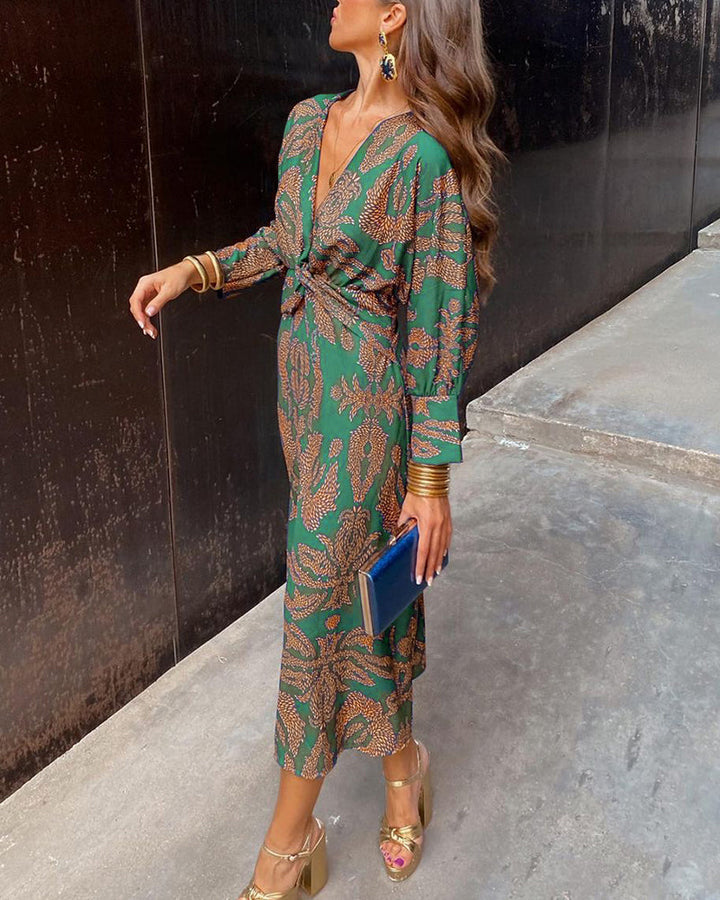 ARABELLA – PRINTED KNOT FRONT MIDI DRESS