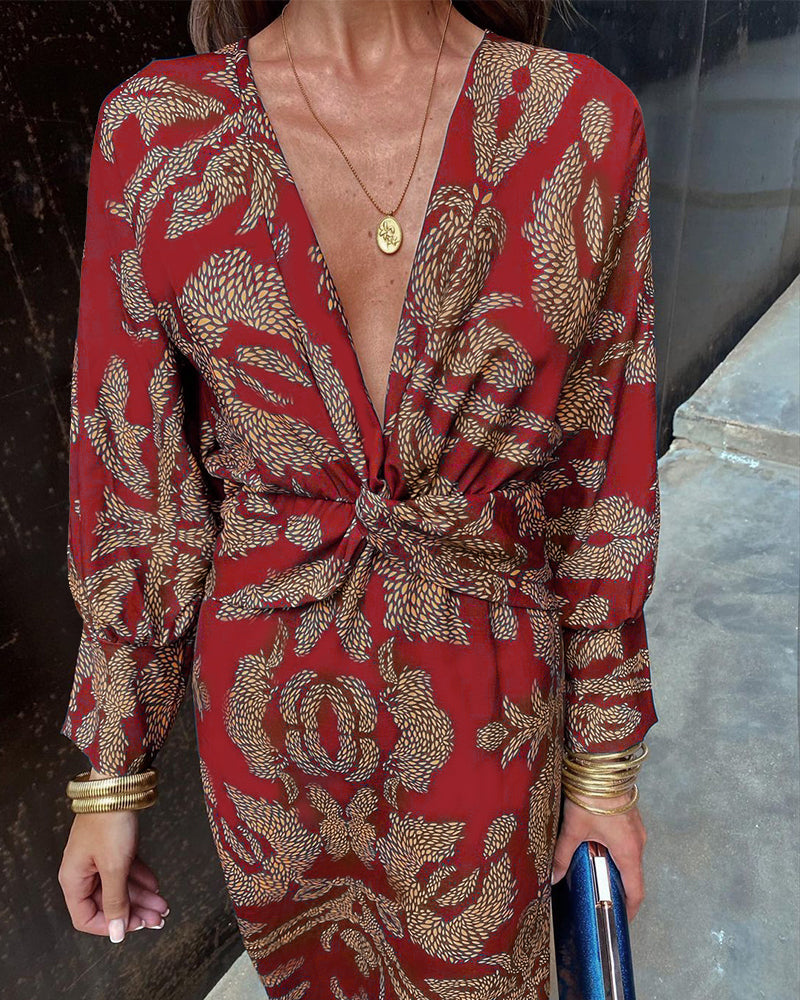 ARABELLA – PRINTED KNOT FRONT MIDI DRESS