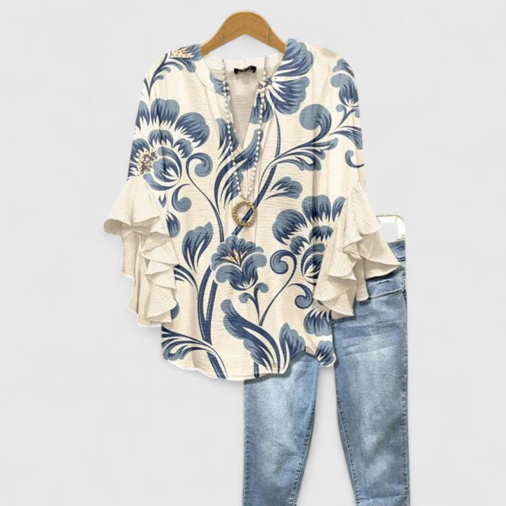 CLAIRE – ABSTRACT RUFFLE SLEEVE BLOUSE