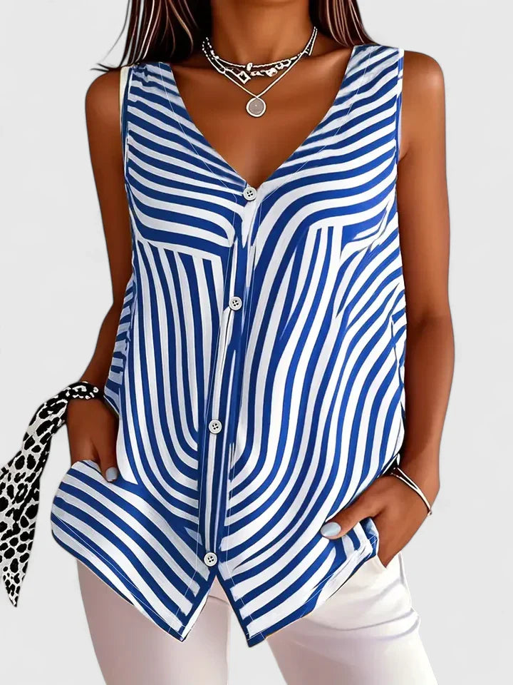 MADELINE – STRIPED BUTTON V-NECK TOP