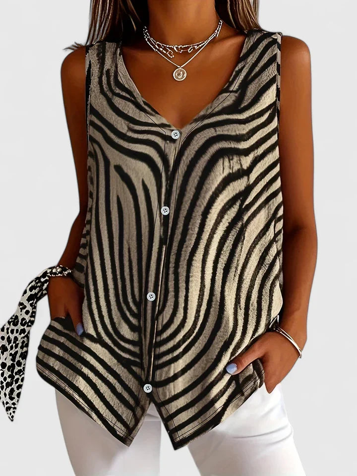 MADELINE – STRIPED BUTTON V-NECK TOP