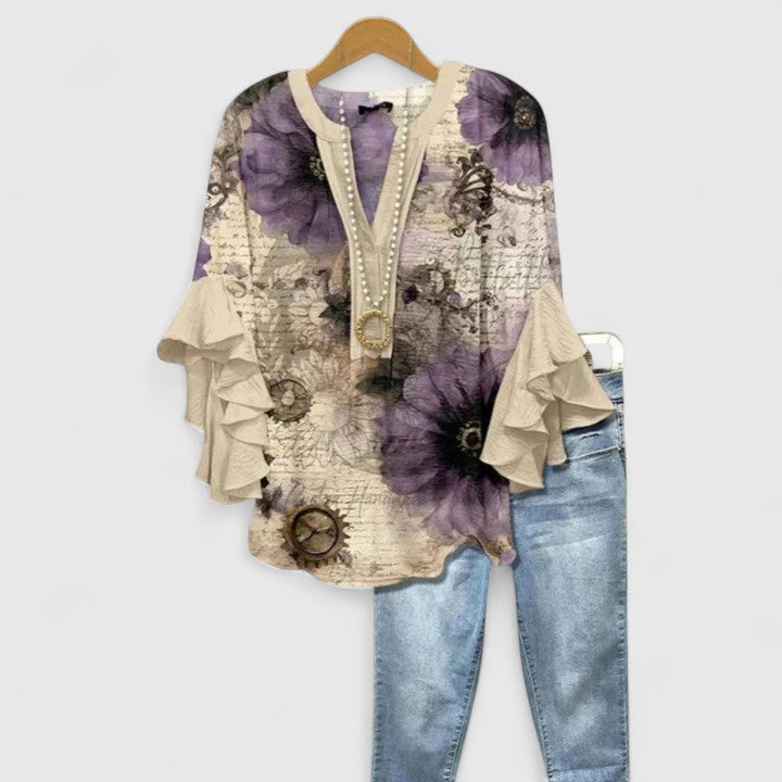 CLAIRE – ABSTRACT RUFFLE SLEEVE BLOUSE