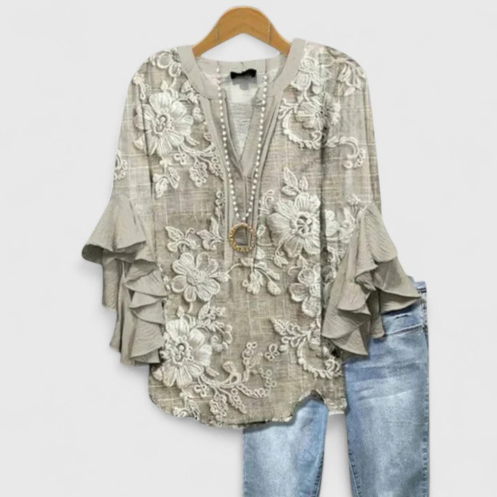 CLAIRE – ABSTRACT RUFFLE SLEEVE BLOUSE