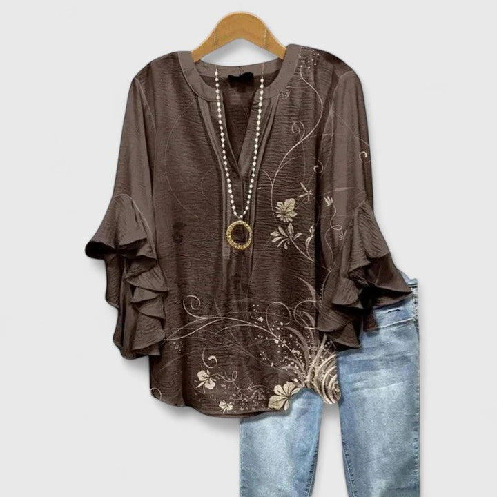 CLAIRE – ABSTRACT RUFFLE SLEEVE BLOUSE