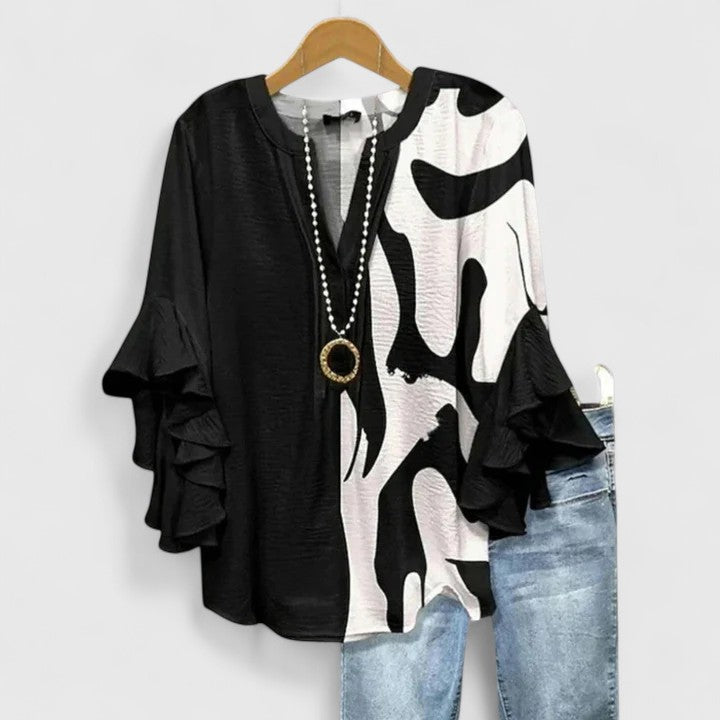 CLAIRE – ABSTRACT RUFFLE SLEEVE BLOUSE