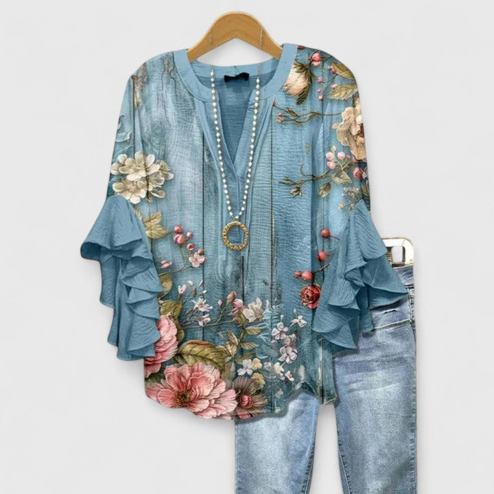 CLAIRE – ABSTRACT RUFFLE SLEEVE BLOUSE