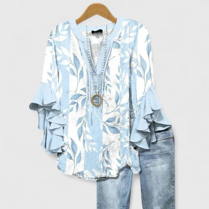 CLAIRE – ABSTRACT RUFFLE SLEEVE BLOUSE