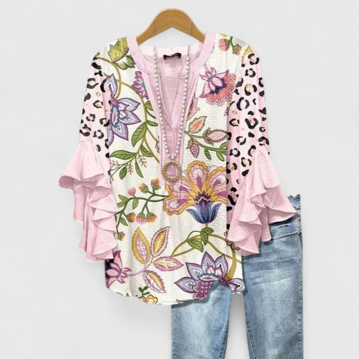 CLAIRE – ABSTRACT RUFFLE SLEEVE BLOUSE