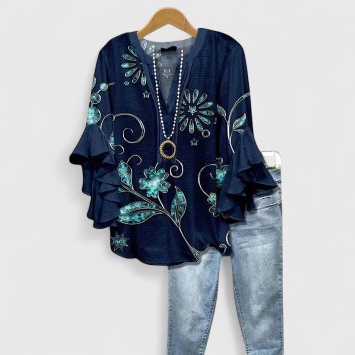 CLAIRE – ABSTRACT RUFFLE SLEEVE BLOUSE