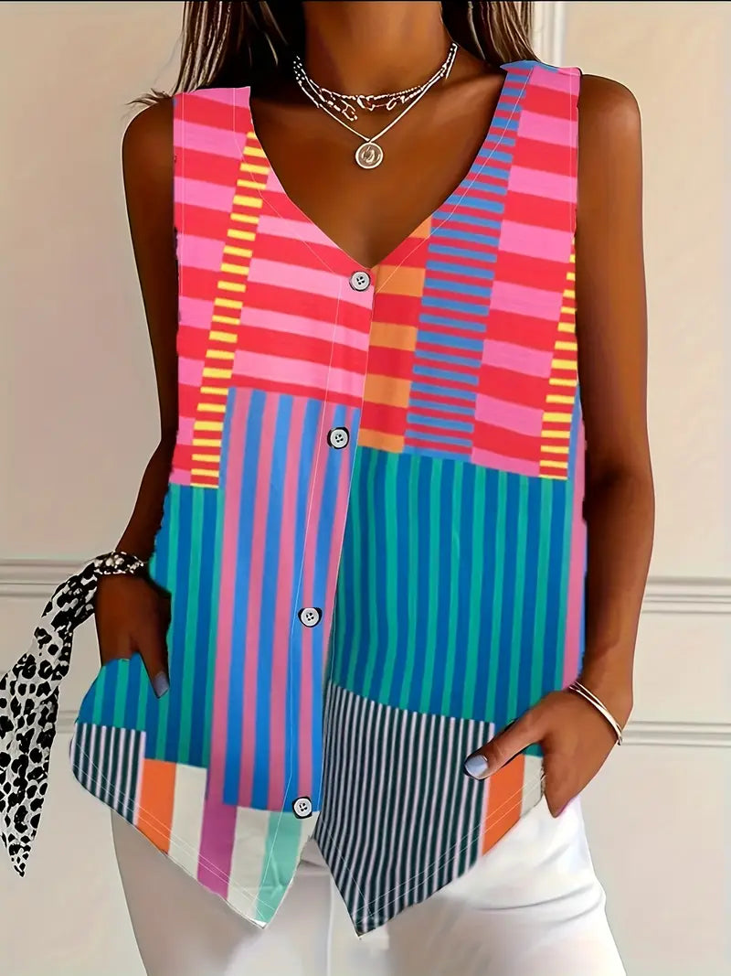 MADELINE – STRIPED BUTTON V-NECK TOP