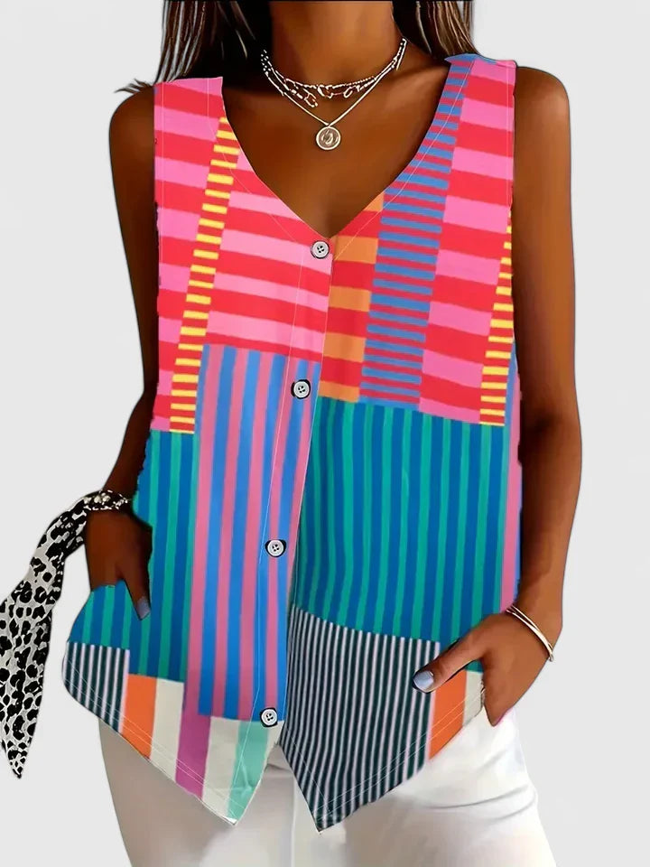 MADELINE – STRIPED BUTTON V-NECK TOP