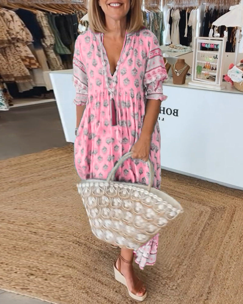 THALINA – RELAXED LANTERN SLEEVE BOHO MAXI DRESS